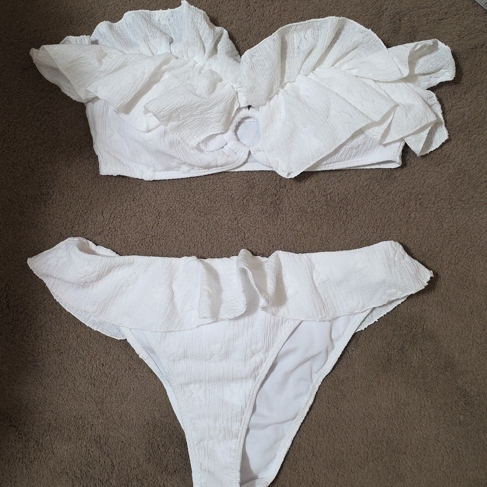 White Ruffled Womens  Bikini